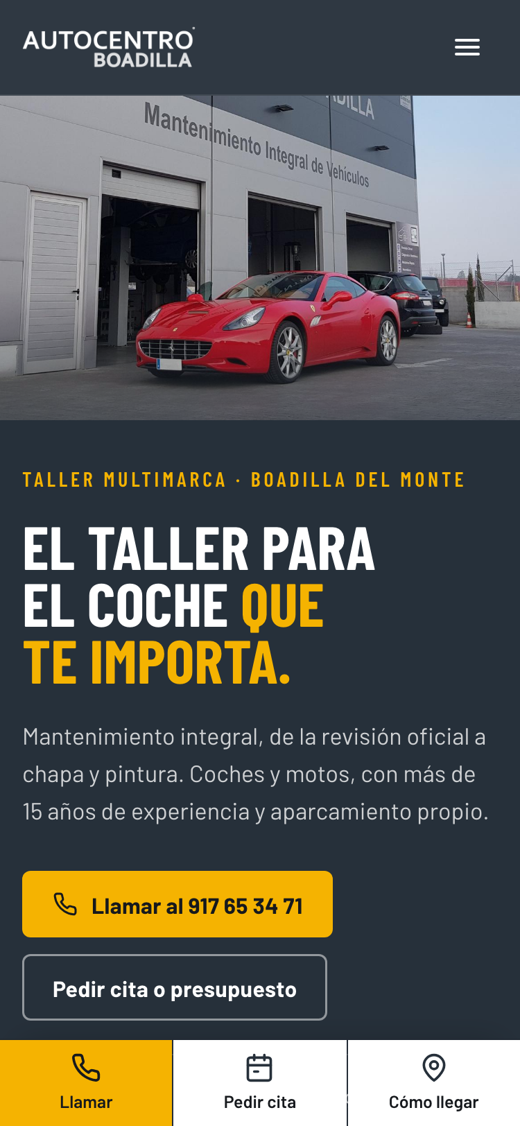 Captura de la web nueva de Autocentro Boadilla en un móvil